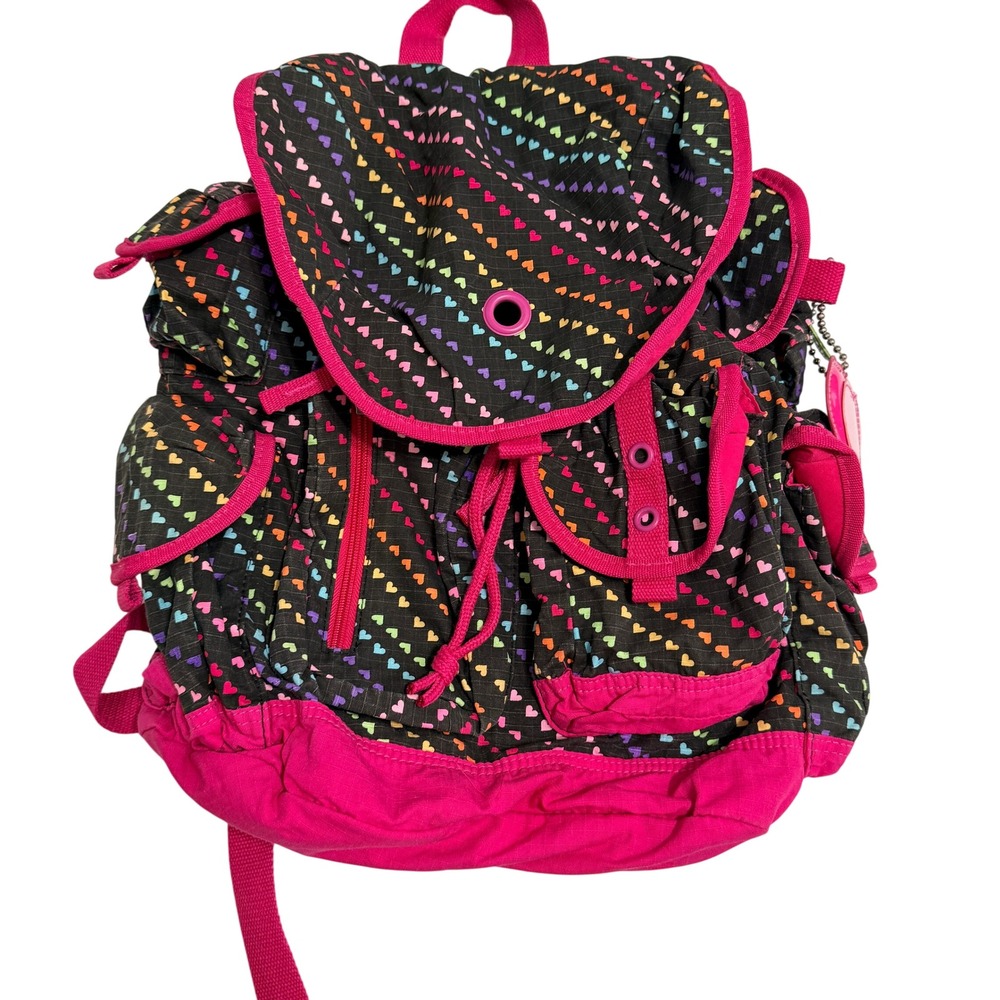 Athletech Girls Backpack Rainbow Hearts‎ Drawstring Pockets OS Black Pink Canvas